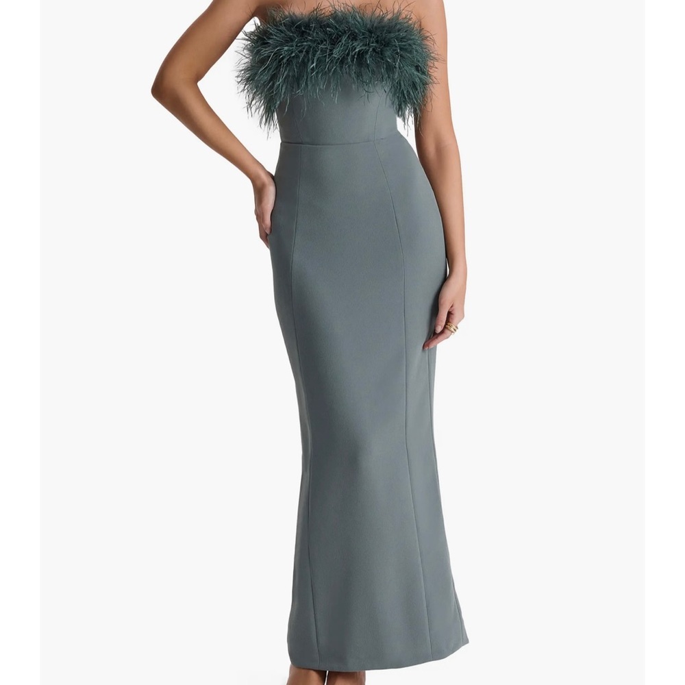 House of CB Strapless Feather Trim Dress in Sage